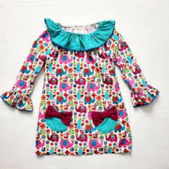 Rare Editions Kids Elephant Print Long Sleeve Dress Size 4 - Picture 1 of 7